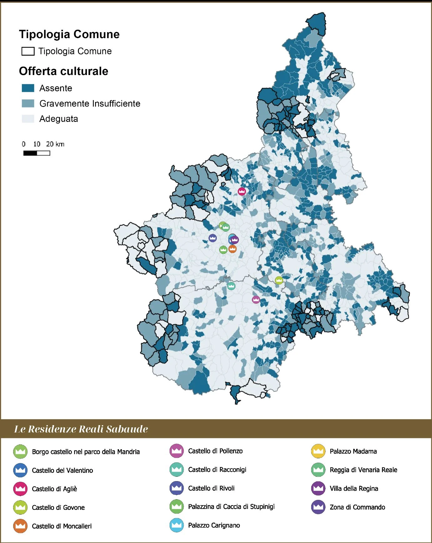Mappa dei comuni piemontesi classificati per offerta culturale, con la posizione delle Residenze