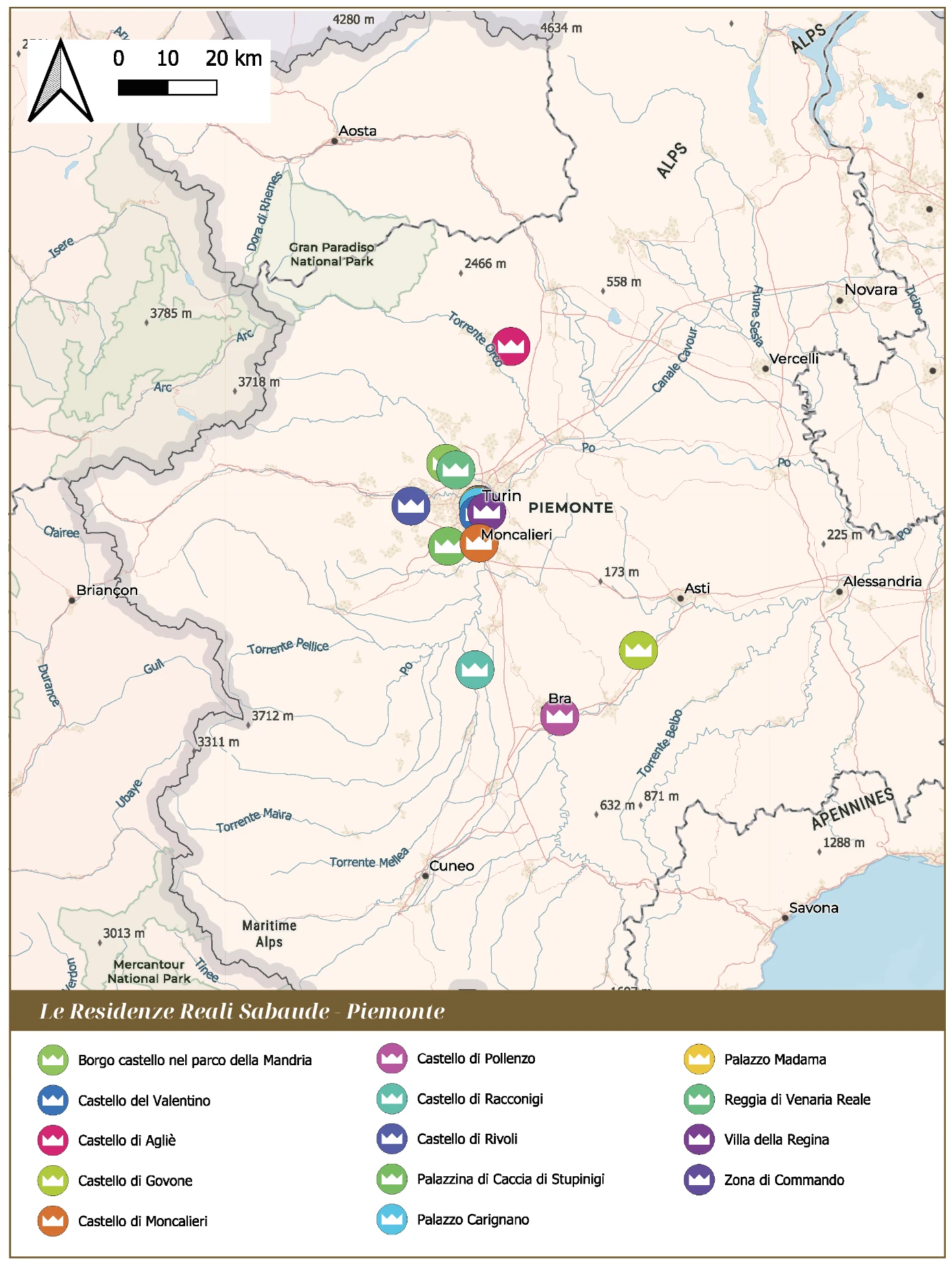 Mappa originale del paper: Residenze tra Torino, Canavese, Cuneese e Langhe. L’elenco testuale completo è nella sezione 2.1.